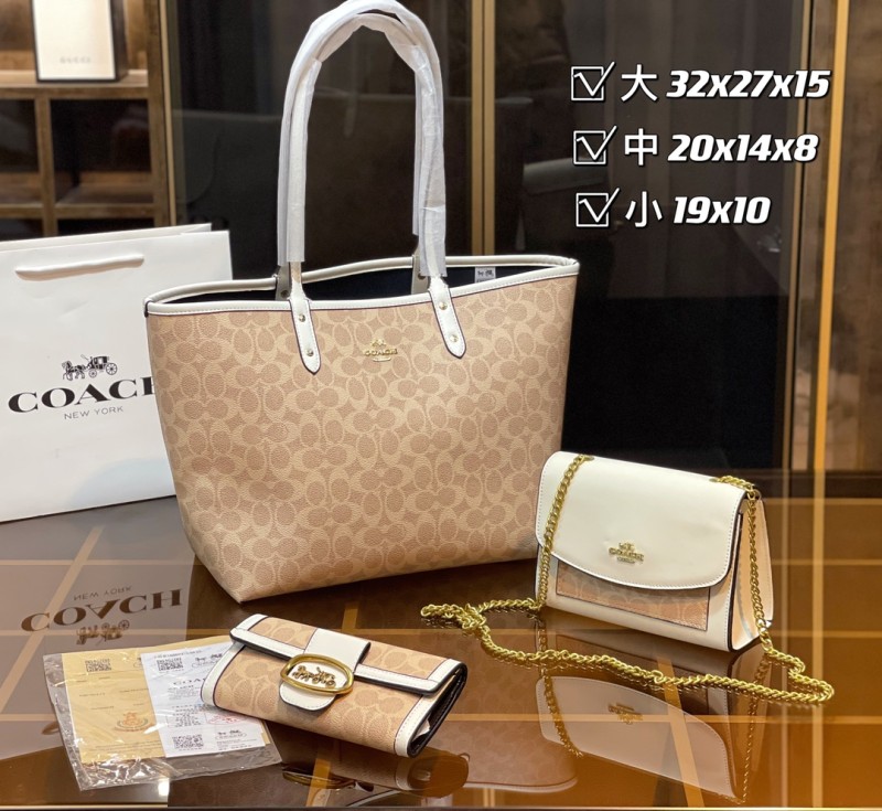 COACH White Fashion Lichee Zipper & Hasp letter Genuine Leather Women's Handbags Tote Bags Wallet Combination Bags