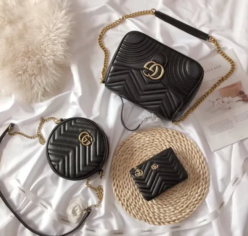 GUCCI Black Fashion Letter Zipper & Hasp Letter Genuine Leather Women's Handbags Shoulder Bags Wallet Combination Bags