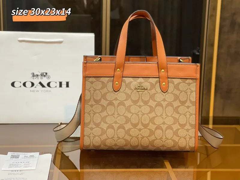 COACH Brown Fashion Lichee Zipper & Hasp letter Genuine Leather Women's Handbags Tote Bags Wallet Combination Bags