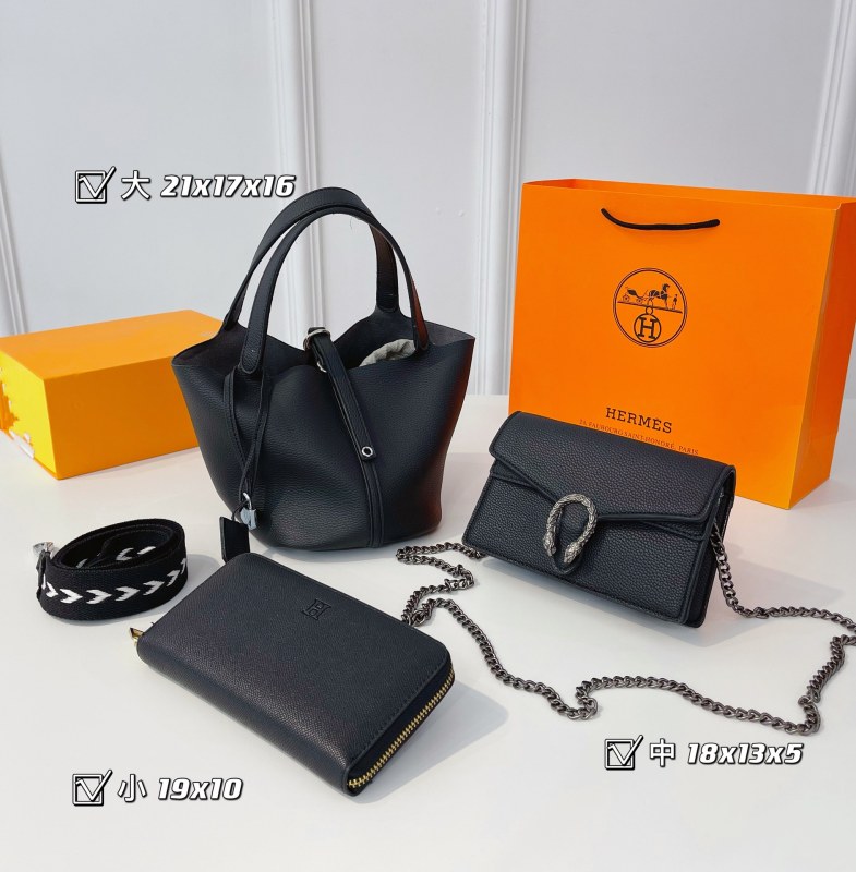 HERMES Black Fashion Lichee Zipper & Hasp Chains Genuine Leather Women's Handbags Dionysus Bun Bucket Bags Combination Bags