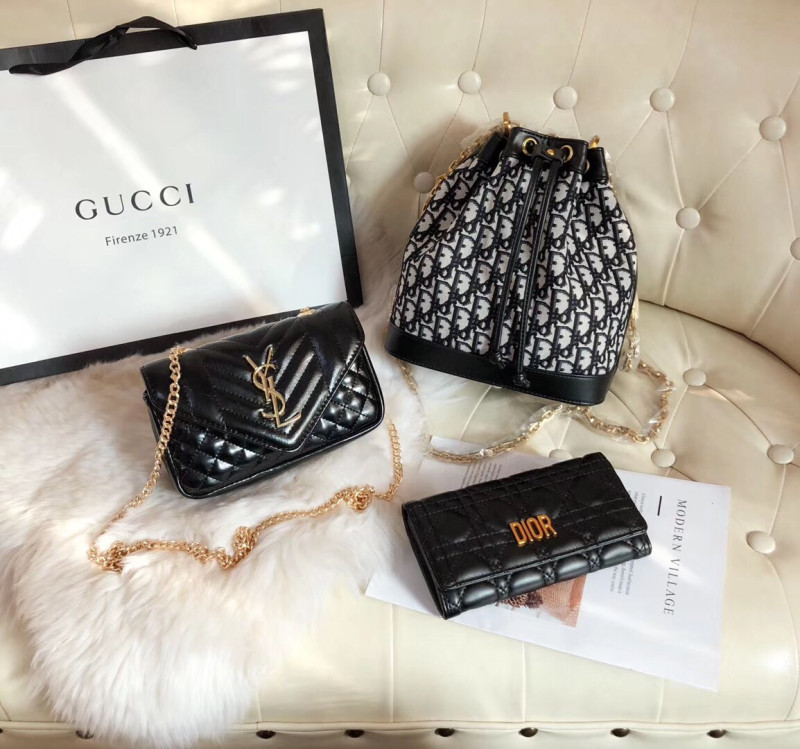 DIOR Black Fashion Letter Zipper & Hasp Embroidery Genuine Leather Women's Handbags Bucket Bags Wallet Combination Bags