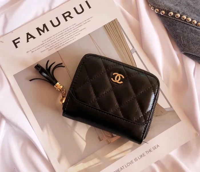 CHANEL Black Fashion Aged Calfskin Zipper Chains Genuine Leather Women's Handbags Clutches Wallet Combination Bags