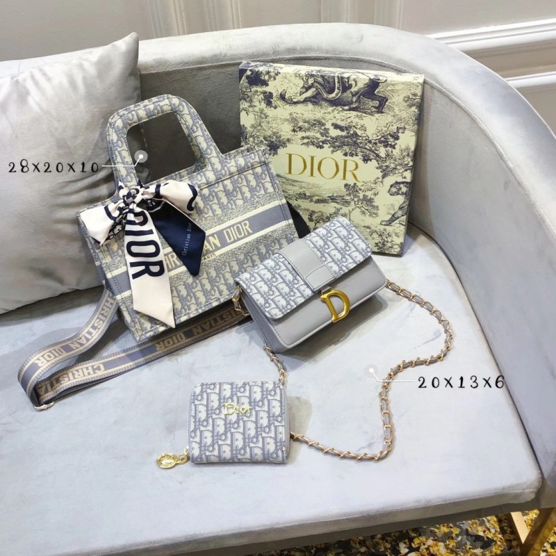 DIOR Grey Fashion Letter Zipper & Hasp Embroidery Genuine Leather Women's Handbags Tote Bags Wallet Combination Bags