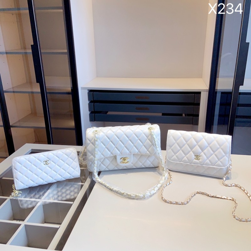 CHANEL White Lady Diamond line Zipper Letter Genuine Leather Women's Handbags Wallet Shoulder Bags Combination Packages