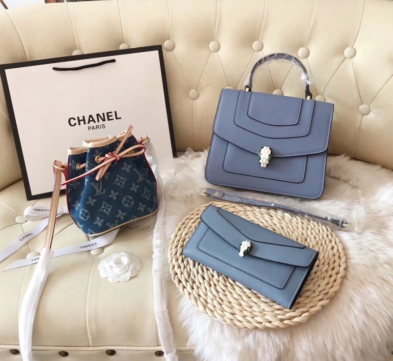 BVLGARI Blue Fashion Striped Zipper & Hasp Other Genuine Leather Women's Handbags Bucket Bags Wallet Combination Bags