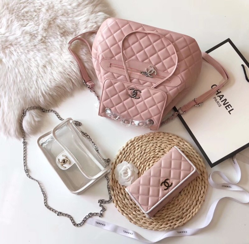 CHANEL Pink Fashion Aged Calfskin Zipper & Hasp Criss-cross Genuine Leather Women's Handbags Backpacks Wallet Combination Bags