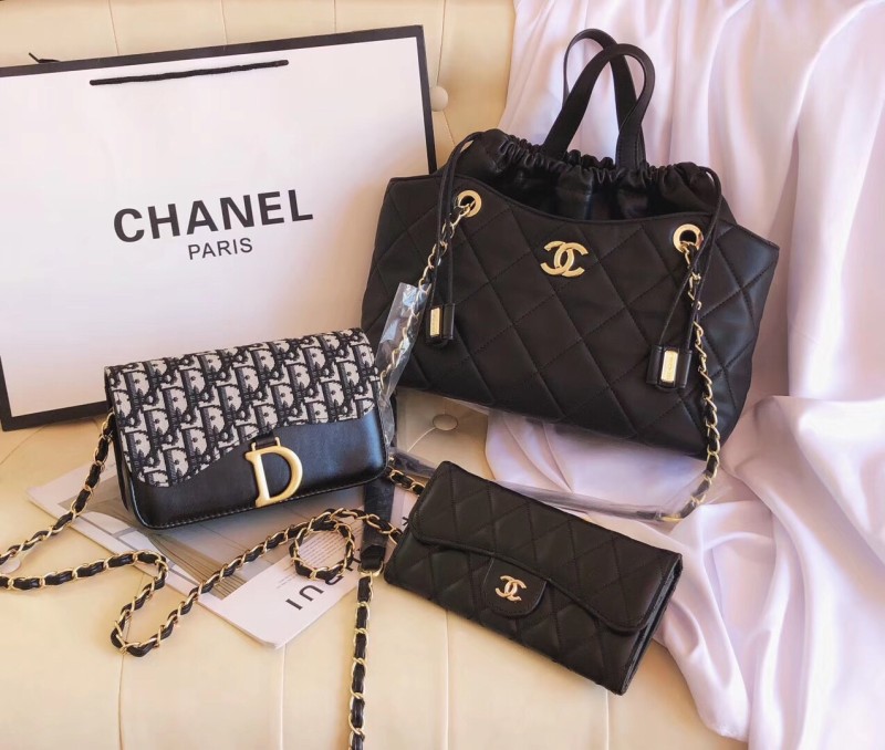 CHANEL Black Fashion Aged Calfskin Zipper & Hasp Criss-cross Genuine Leather Women's Handbags Tote Bags Wallet Combination Bags