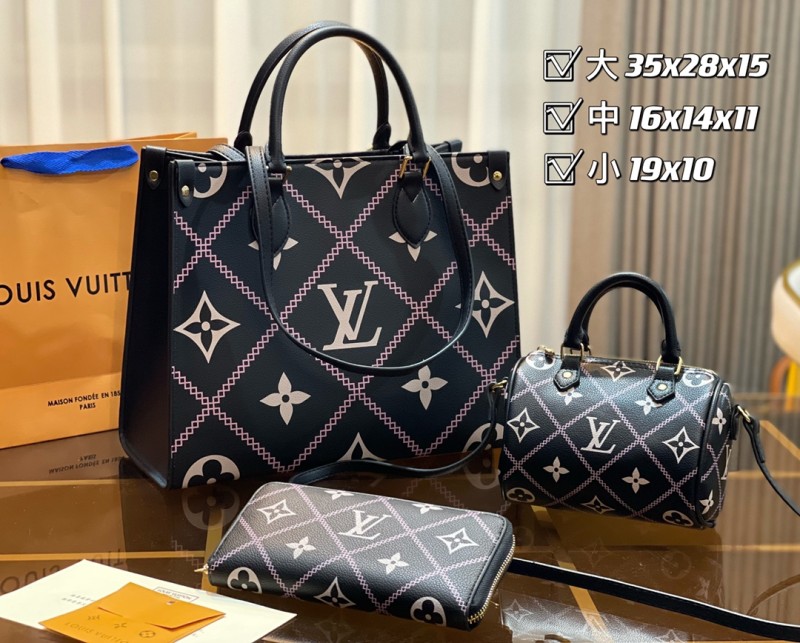 LOUIS VUITTON Black Fashion Monogram Zipper & Hasp Letter Genuine Leather Women's Handbags Tote Bags Wallet Combination Bags