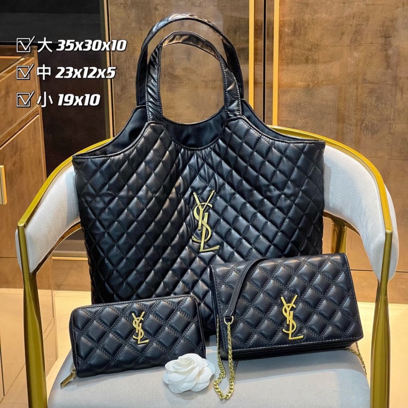 YSL Black Fashion Striped Zipper & Hasp Criss-cross Genuine Leather Women's Tote Bags Wallet Messenger Bags Combination Packages