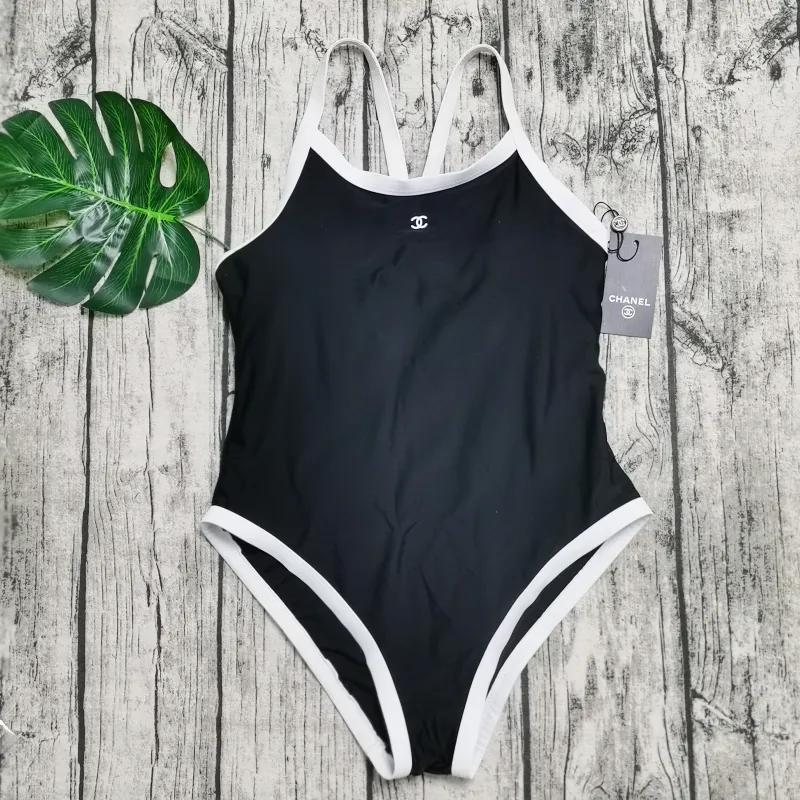 CHANEL Black Digital Print One Piece DOT Backless Spandex/Polyester Printed Sunmmer Female Adult Holiday