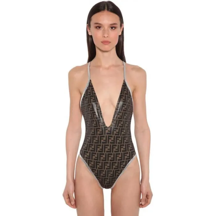 FENDI Brown Digital Print One Piece DOT Backless Spandex/Polyester Printed Sunmmer Female Adult Holiday