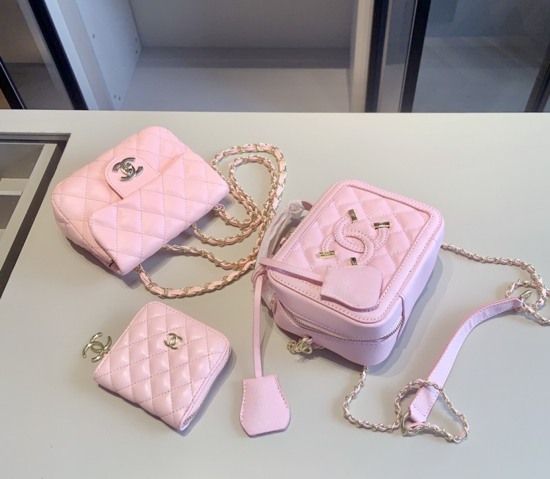 CHANEL Pink Lady Geometric Zipper Criss-cross PU Women's Shoulder Bags Handbags Wallet Combination Packages