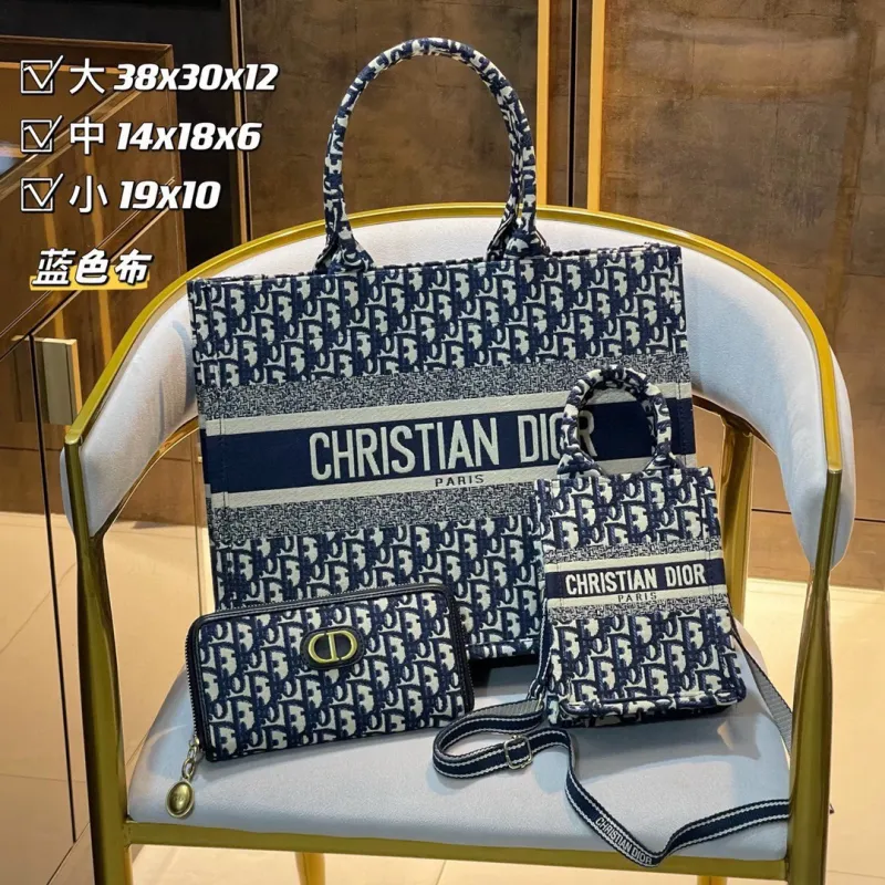 DIOR Blue Fashion Landscape Zipper & Hasp Embroidery Genuine Leather Women's Messenger Bags Wallet Handbags Combination Packages