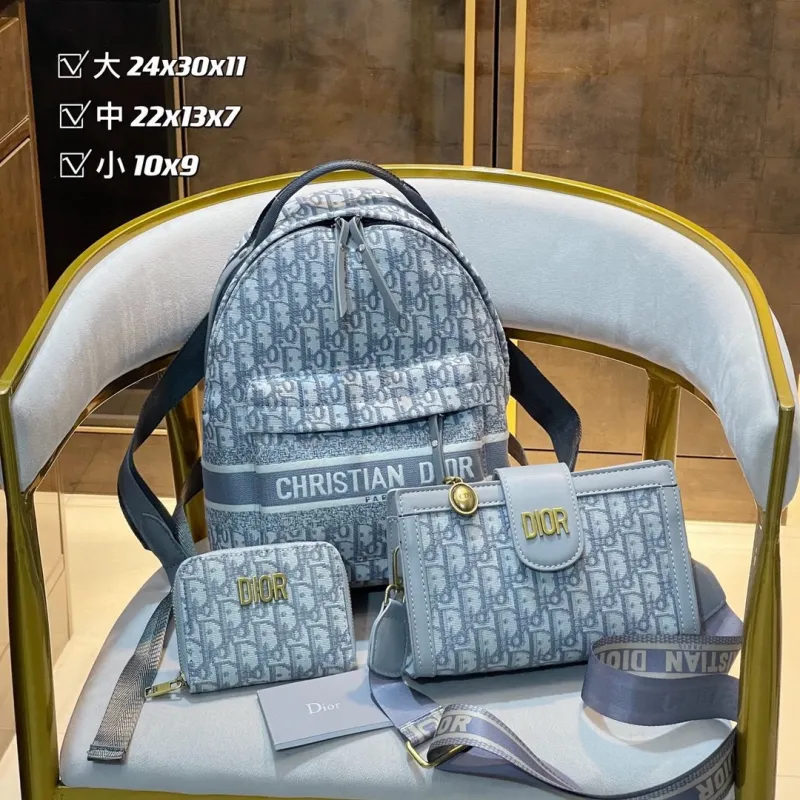 DIOR Light Blue Lady Landscape Zipper & Hasp Embroidery Genuine Leather Women's Wallet Shoulder Bags Tote Bags