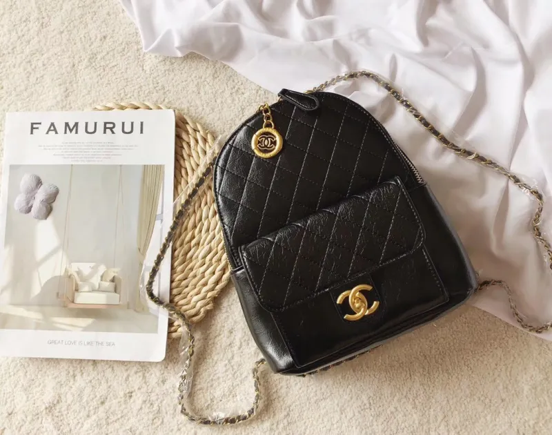 CHANEL Black Fashion Aged Calfskin Zipper & Hasp Criss-cross Genuine Leather Women's Handbags Backpacks Wallet Combination Bags