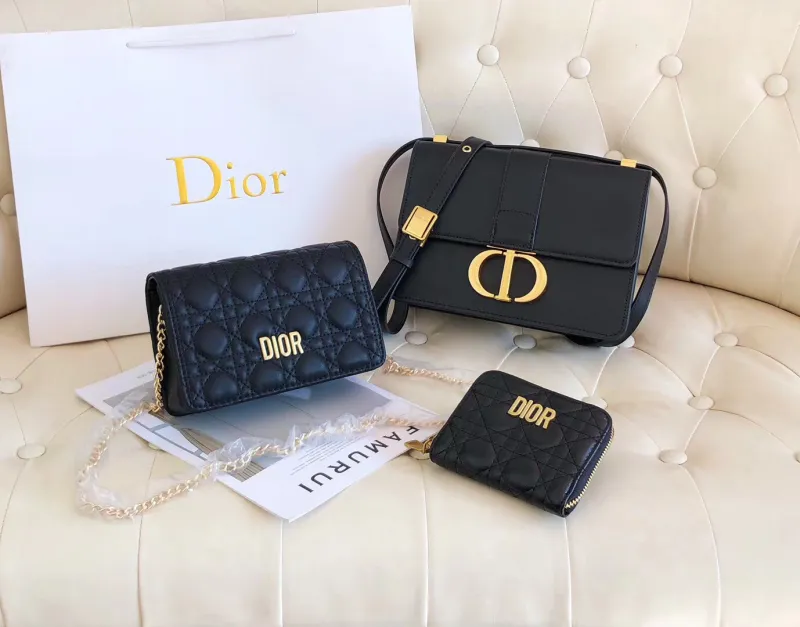 DIOR Black Fashion Letter Zipper & Hasp Embroidery Genuine Leather Women's Handbags Shoulder Bags Wallet Combination Bags