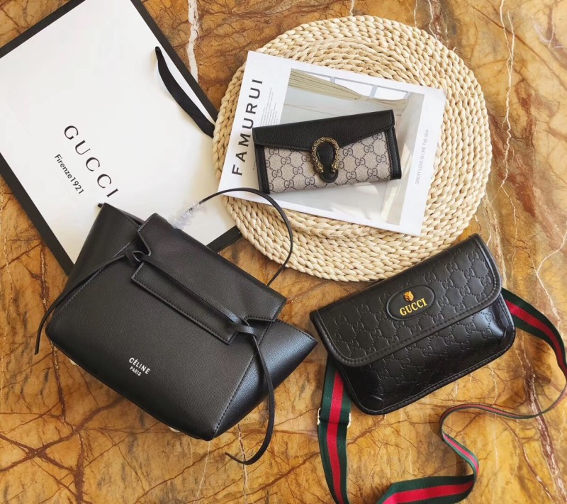 CELINE Black Fashion Striped Zipper Other Genuine Leather Women's Handbags Tote Bags Wallet Combination Bags