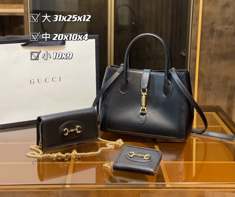 GUCCI Black Fashion Letter Zipper & Hasp Letter Genuine Leather Women's Handbags Tote Bags Wallet Combination Bags