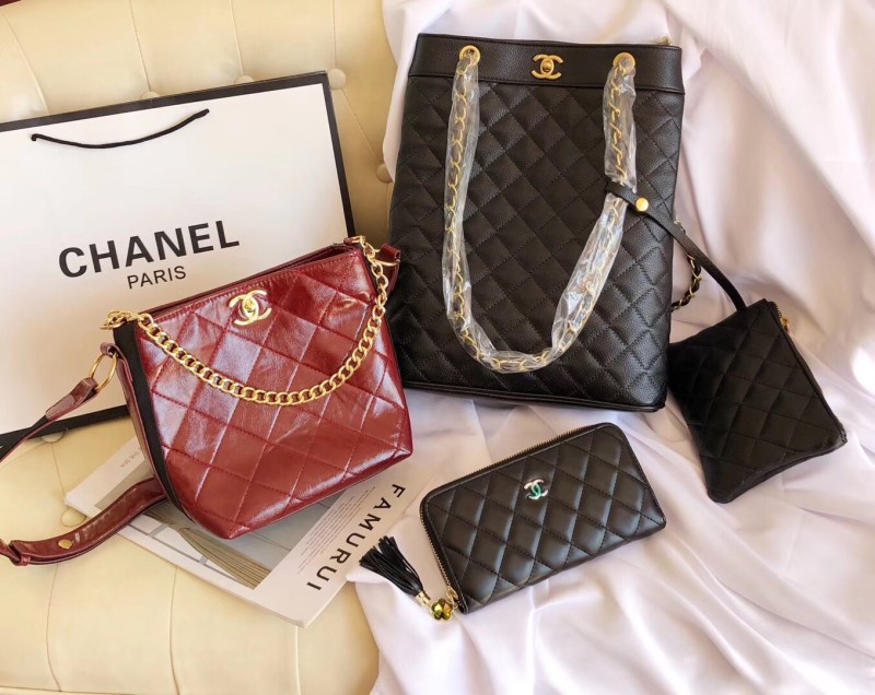 CHANEL Black Fashion Aged Calfskin Zipper & Hasp Criss-cross Genuine Leather Women's Handbags Tote Bags Wallet Combination Bags