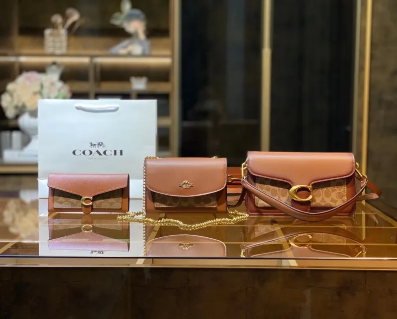 COACH Brown Fashion Lichee Zipper & Hasp letter Genuine Leather Women's Handbags Clutches Wallet Combination Bags