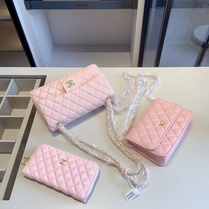 CHANEL Pink Lady Diamond line Zipper Letter Genuine Leather Women's Handbags Wallet Shoulder Bags Combination Packages