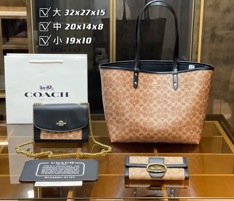 COACH Black Fashion Lichee Zipper & Hasp letter Genuine Leather Women's Handbags Tote Bags Wallet Combination Bags
