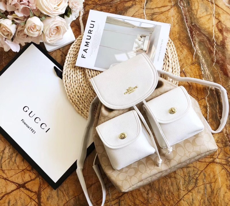 COACH White Fashion Lichee Zipper & Hasp letter Genuine Leather Women's Handbags Backpacks Wallet Combination Bags