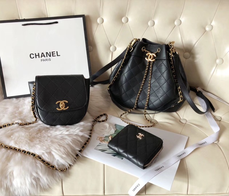 CHANEL Black Fashion Aged Calfskin Zipper & Hasp Criss-cross Genuine Leather Women's Handbags Backpacks Wallet Combination Bags