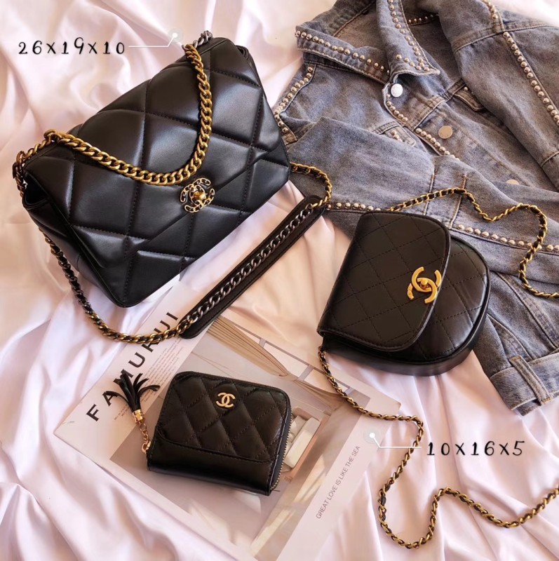 CHANEL Black Fashion Aged Calfskin Zipper Chains Genuine Leather Women's Handbags Clutches Wallet Combination Bags
