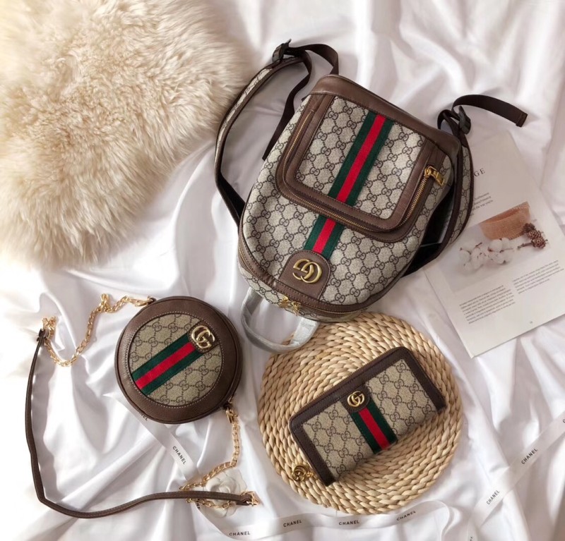 GUCCI Brown Fashion Letter Zipper & Hasp Letter Genuine Leather Women's Handbags Backpacks Wallet Combination Bags
