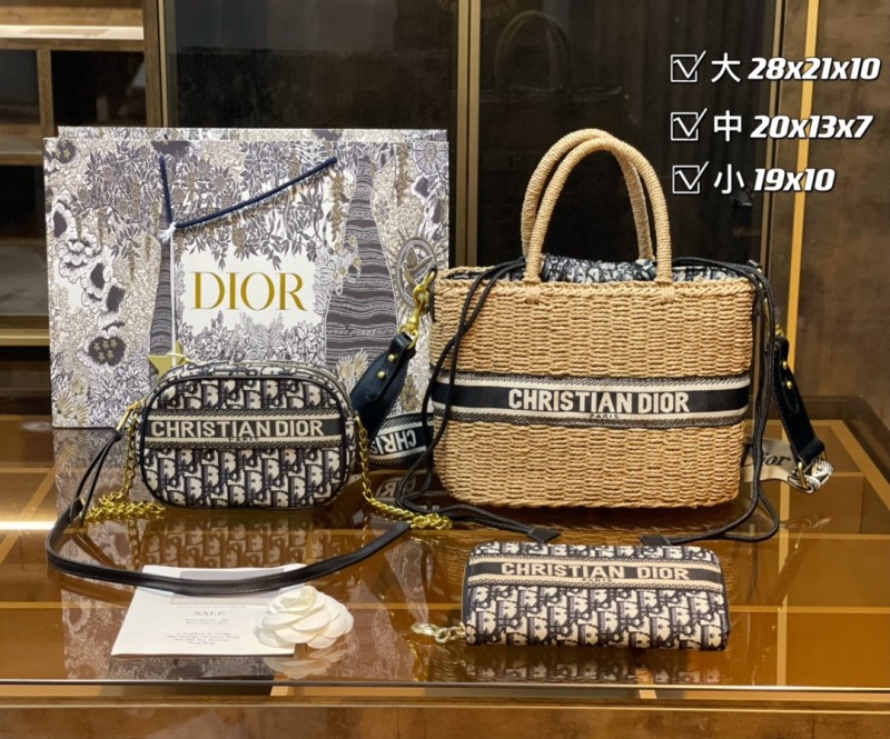 DIOR Brown Fashion Letter Zipper & Hasp Woven Genuine Leather Women's Handbags Tote Bags Wallet Combination Bags