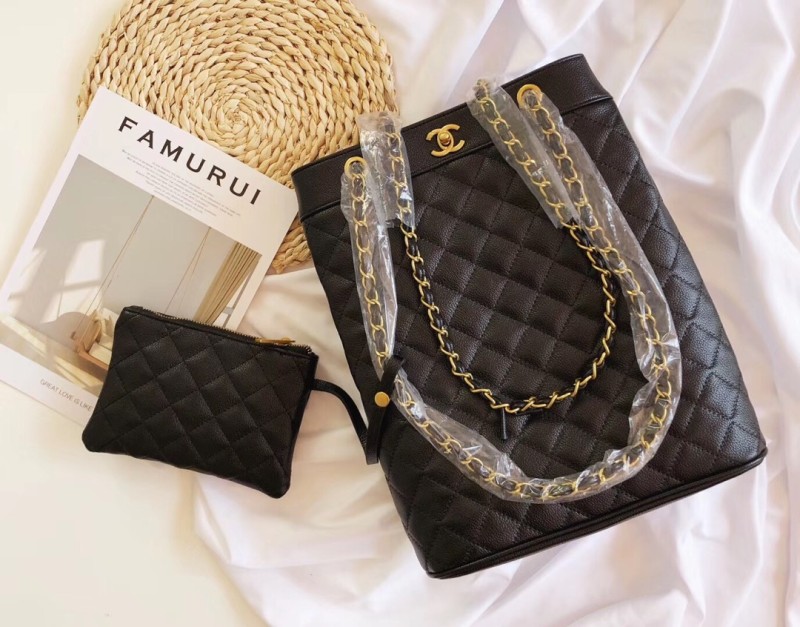 CHANEL Black Fashion Aged Calfskin Zipper & Hasp Criss-cross Genuine Leather Women's Handbags Tote Bags Wallet Combination Bags