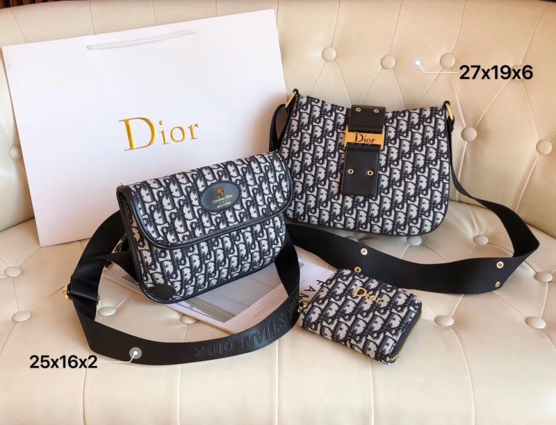 DIOR Black Fashion Letter Zipper & Hasp Embroidery Genuine Leather Women's Handbags Shoulder Bags Wallet Combination Bags