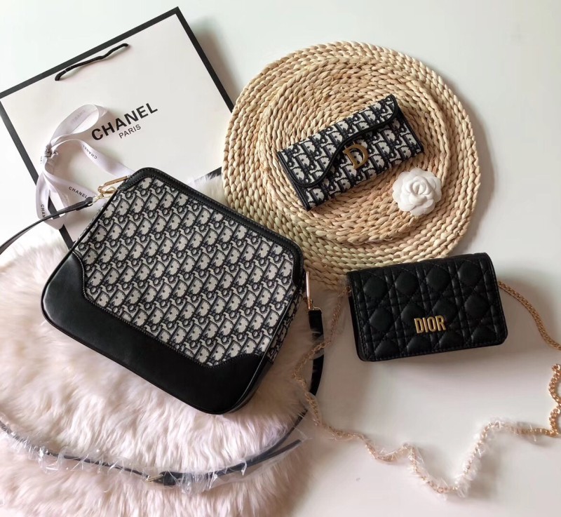 DIOR Black Fashion Letter Zipper & Hasp Embroidery Genuine Leather Women's Handbags Clutches Wallet Combination Bags