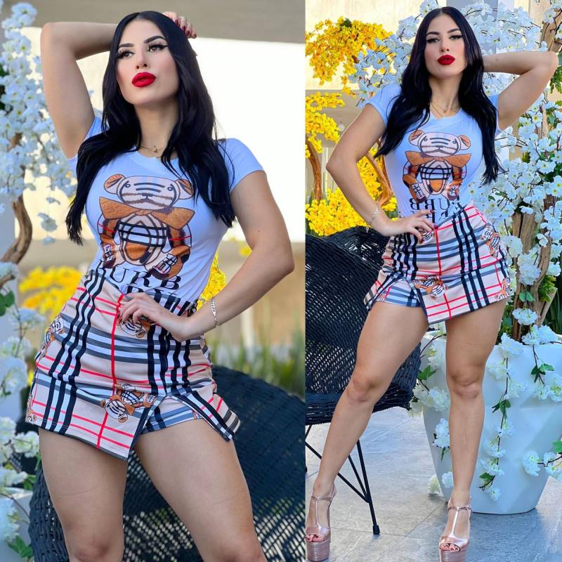 BURBERRY White Fashion trend brand printed short T sexy close-fitting skirt A two-piece set