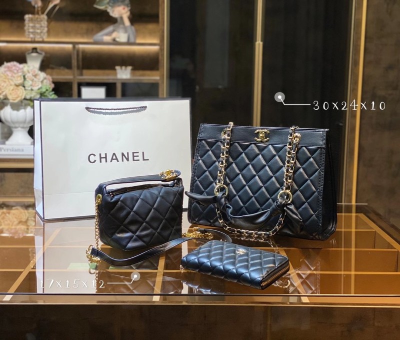 CHANEL Black Fashion Aged Calfskin Zipper & Hasp Criss-cross Genuine Leather Women's Handbags Tote Bags Wallet Combination Bags