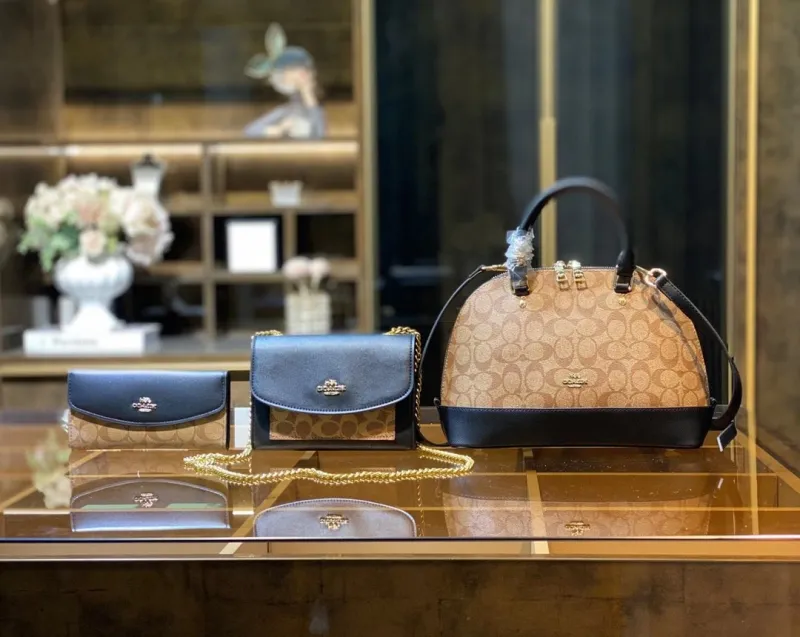 COACH Black Fashion Lichee Zipper & Hasp letter Genuine Leather Women's Handbags Clutches Wallet Combination Bags
