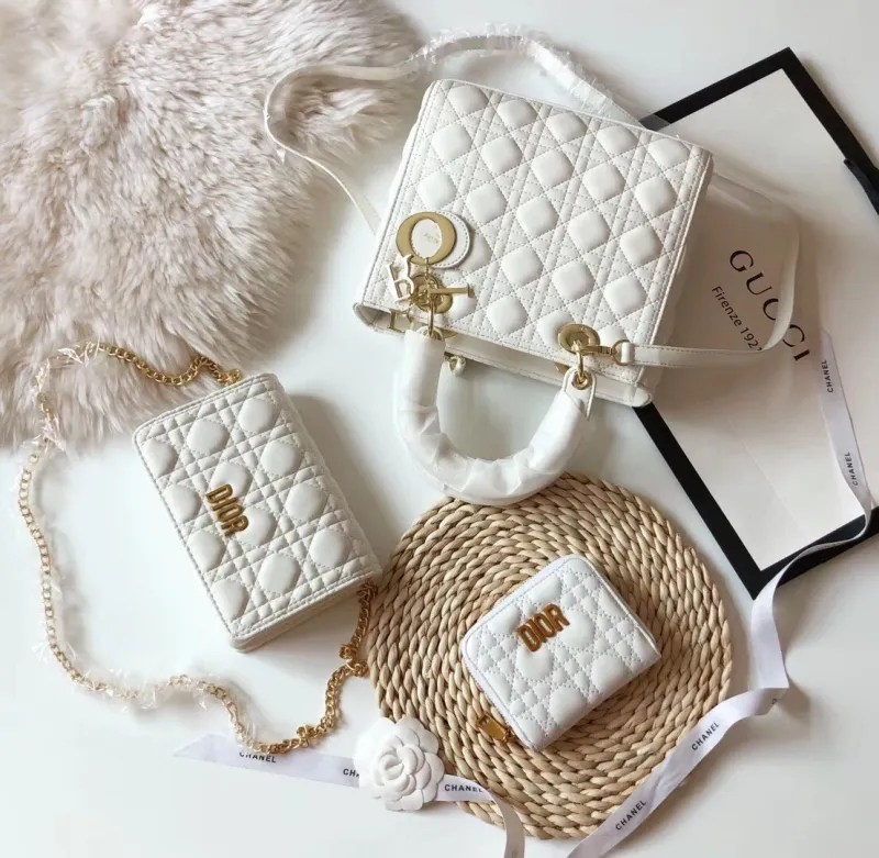 DIOR White Fashion Letter Zipper & Hasp Criss-cross Genuine Leather Women's Handbags Clutches Wallet Combination Bags