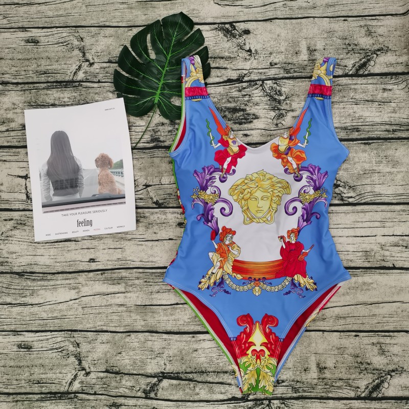 VERSACE Blue Digital Print One Piece DOT Backless Spandex/Polyester Printed Sunmmer Female Adult Holiday