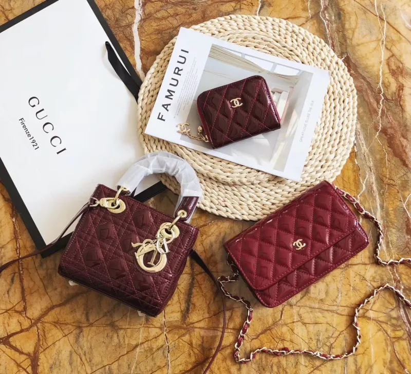 DIOR Red Fashion Letter Zipper & Hasp Criss-cross Genuine Leather Women's Handbags Clutches Wallet Combination Bags