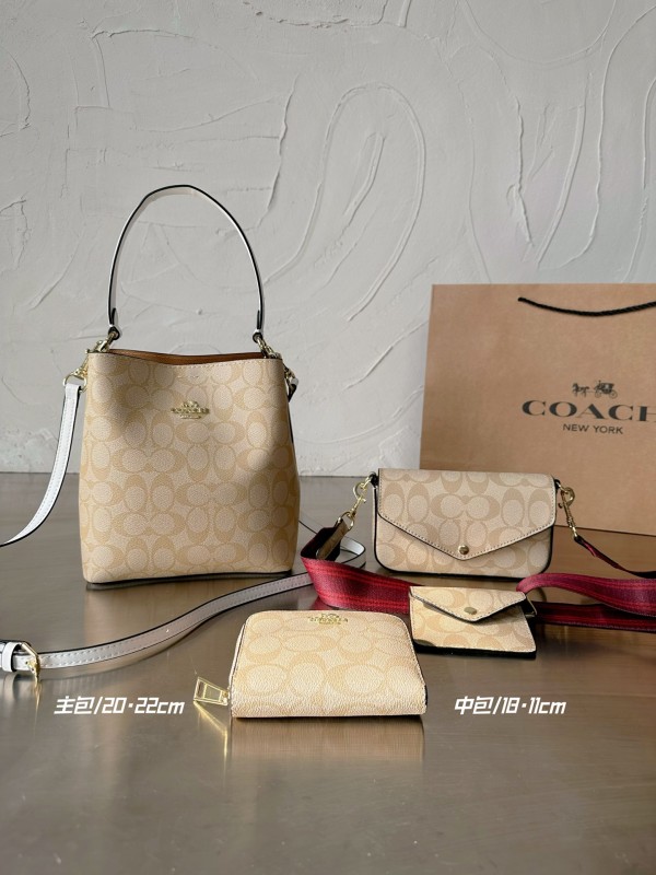 COACH creamy-white Lady Letter Zipper Letter Genuine Leather Women's Handbags Shoulder Bags Wallet Combination Packages