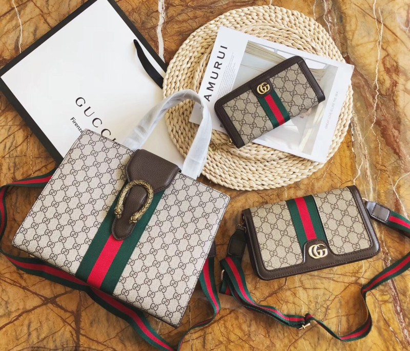 GUCCI Beige Fashion Letter Zipper & Hasp Letter Genuine Leather Women's Handbags Tote Bags Wallet Combination Bags