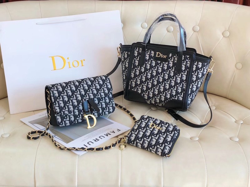 DIOR Black Fashion Letter Zipper & Hasp Embroidery Genuine Leather Women's Handbags Tote Bags Wallet Combination Bags