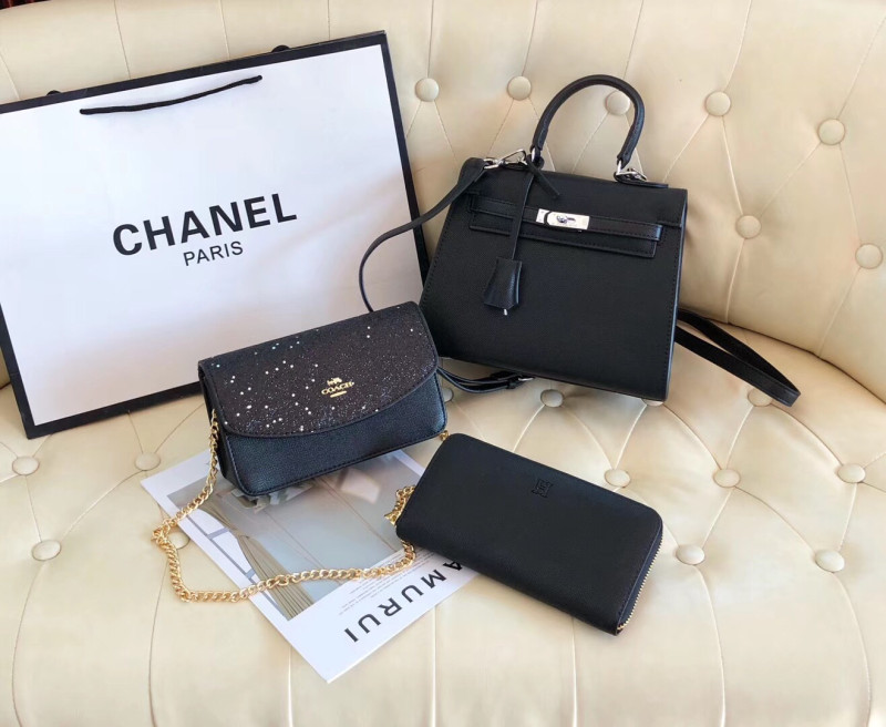 HERMES Black Fashion Lichee Zipper & Hasp Lock Genuine Leather Women's Handbags Birkin Bags Wallet Combination Bags