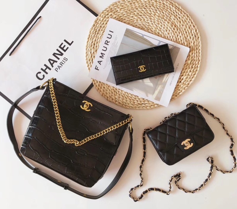 CHANEL Black Fashion Aged Calfskin Zipper & Hasp Chains Genuine Leather Women's Handbags Tote Bags Wallet Combination Bags