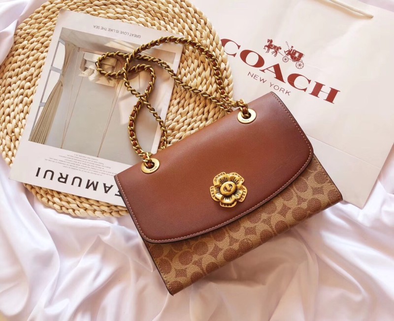 COACH Brown Fashion Lichee Zipper & Hasp letter Genuine Leather Women's Handbags Clutches Wallet Combination Bags
