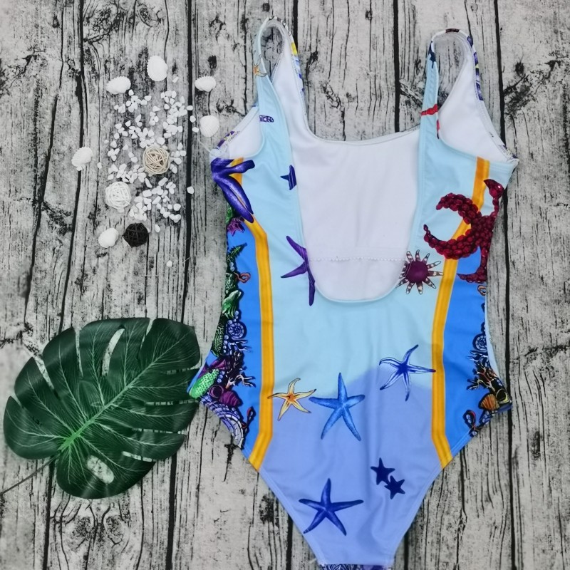 VERSACE Light blue Digital Print One Piece DOT Backless Spandex/Polyester Printed Sunmmer Female Adult Holiday