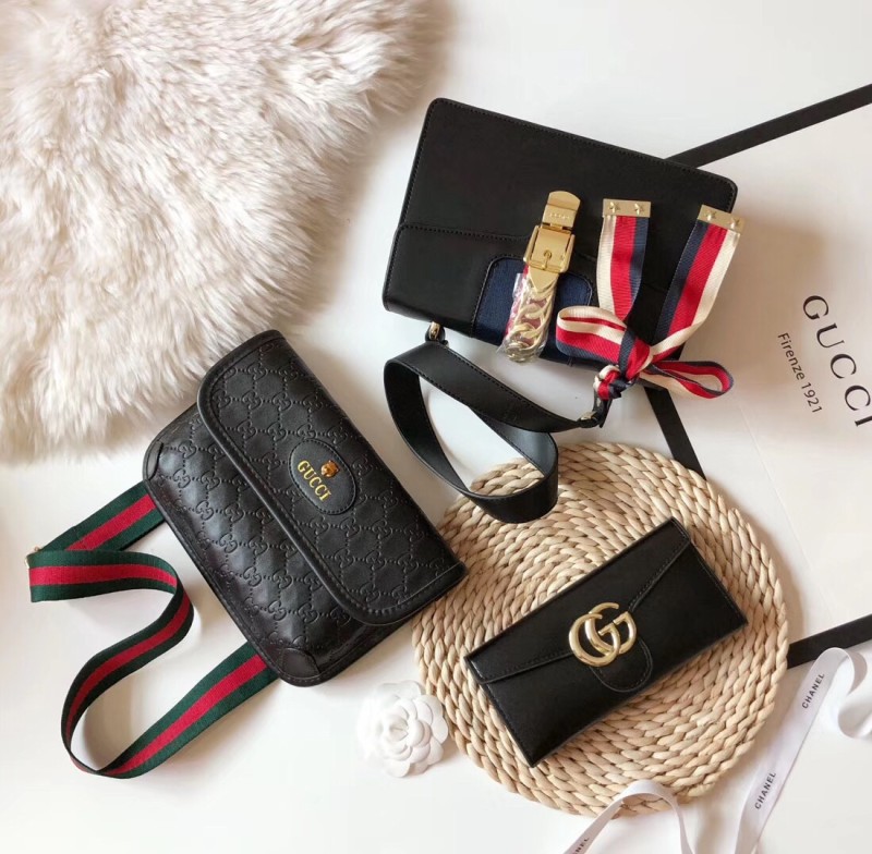 GUCCI Black Fashion Letter Zipper & Hasp Letter Genuine Leather Women's Handbags Shoulder Bags Wallet Combination Bags