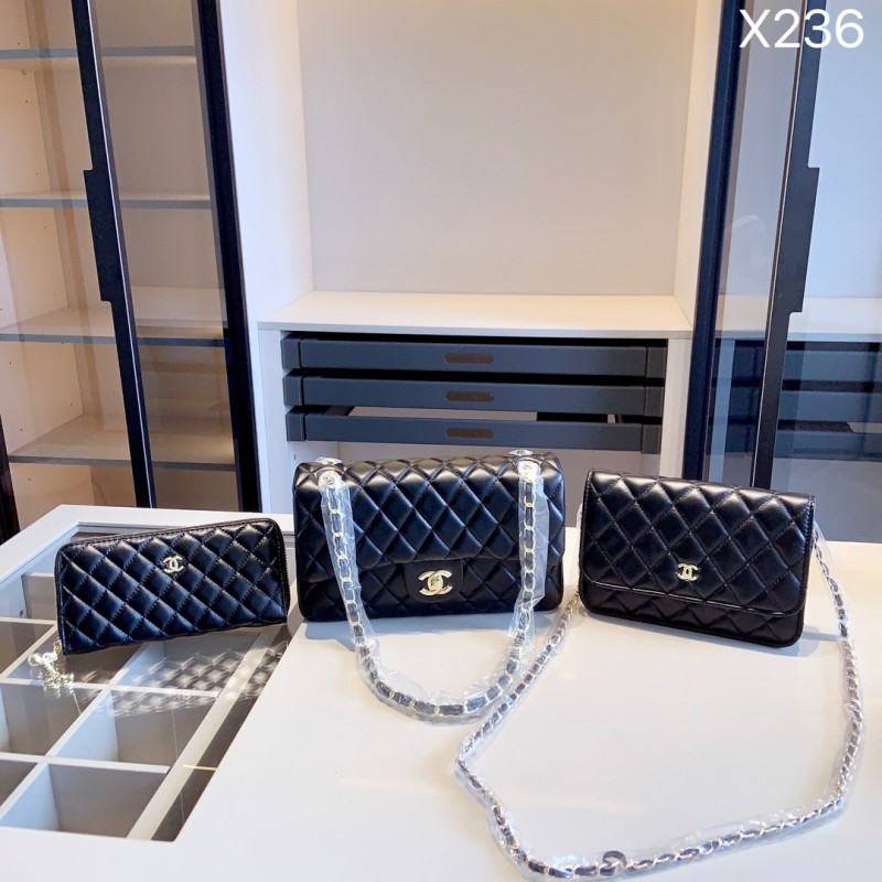 CHANEL Black Lady Diamond line Zipper Letter Genuine Leather Women's Handbags Wallet Shoulder Bags Combination Packages