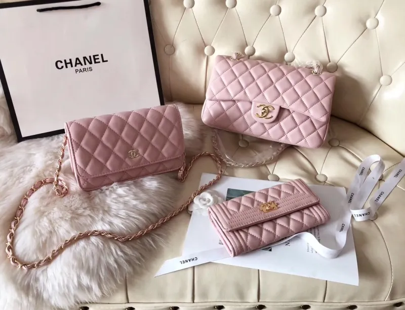 CHANEL Pink Fashion Aged Calfskin Zipper & Hasp Criss-cross Genuine Leather Women's Handbags Clutches Wallet Combination Bags